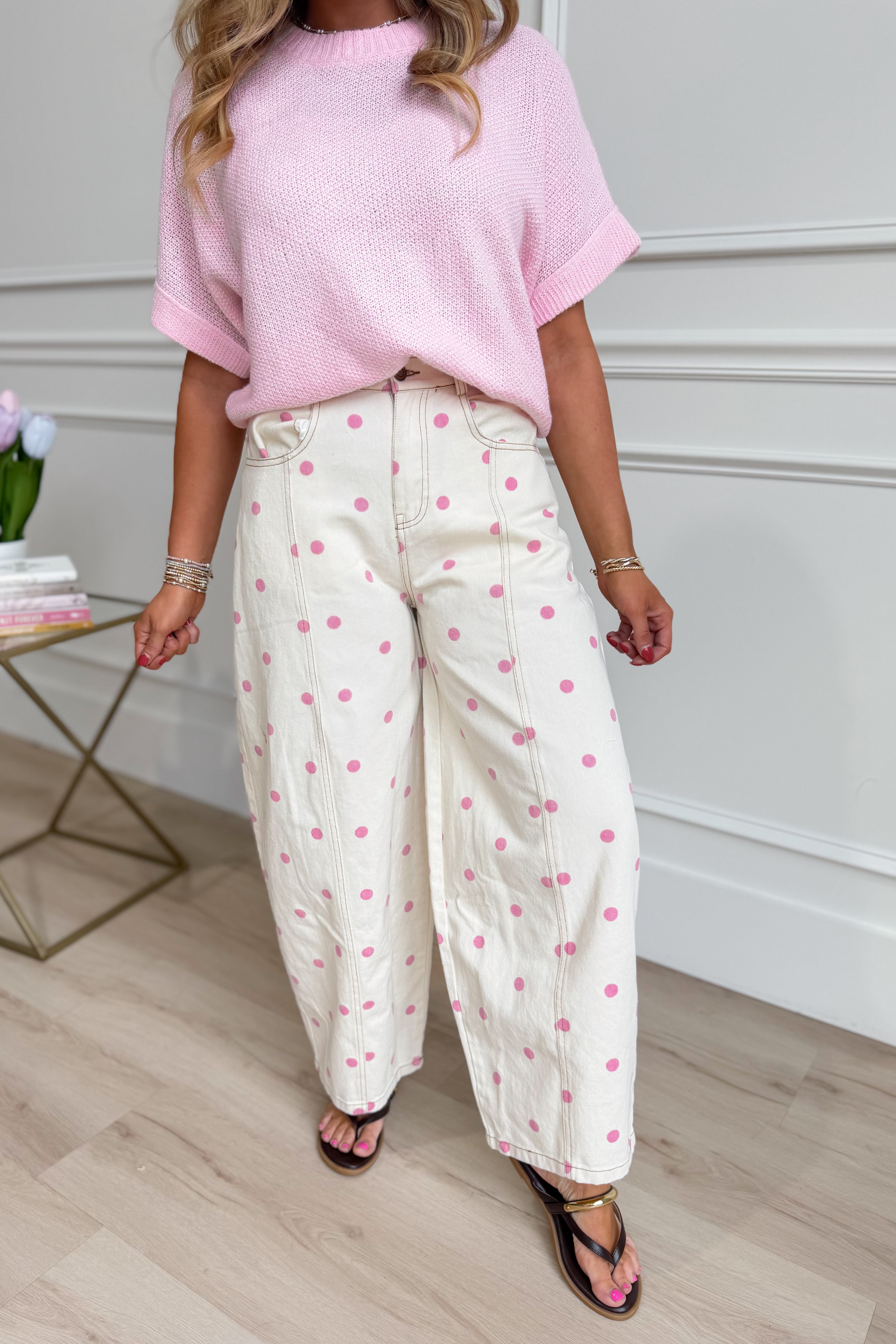 Pink polka dot Landry barrel jeans by PEACH LOVE, featuring a stylish 147 novelty jean design with a modern fit.