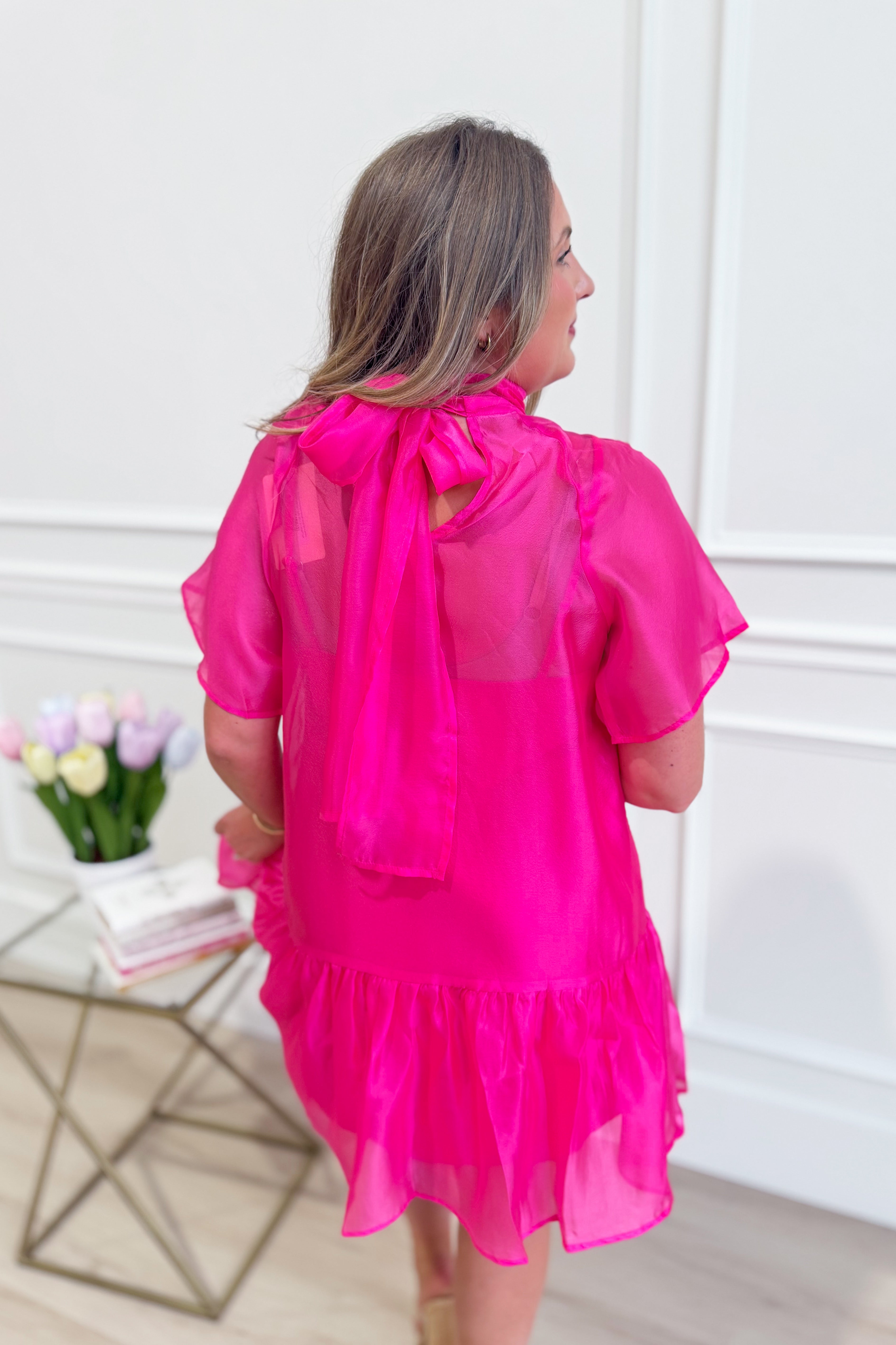 ENTRO Kim Hot Pink Flutter Sleeve Mock Neck Dress, 125 dressy dress with stylish flutter sleeves and mock neckline.