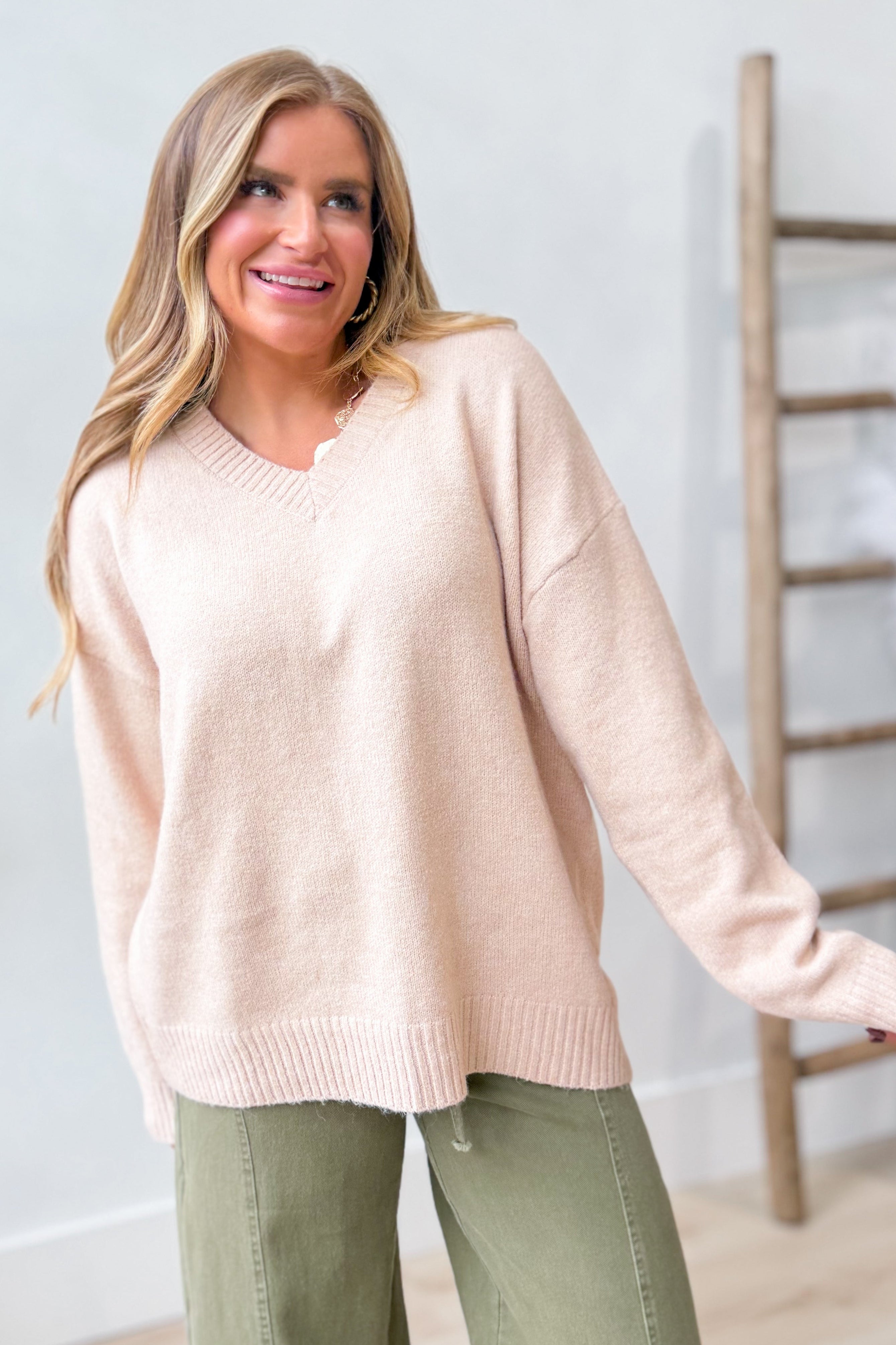 Wishlist Noelle Milk Tea classic V-neck sweater, 132 Fall Sweaters, in soft milk tea color, displayed on a mannequin.