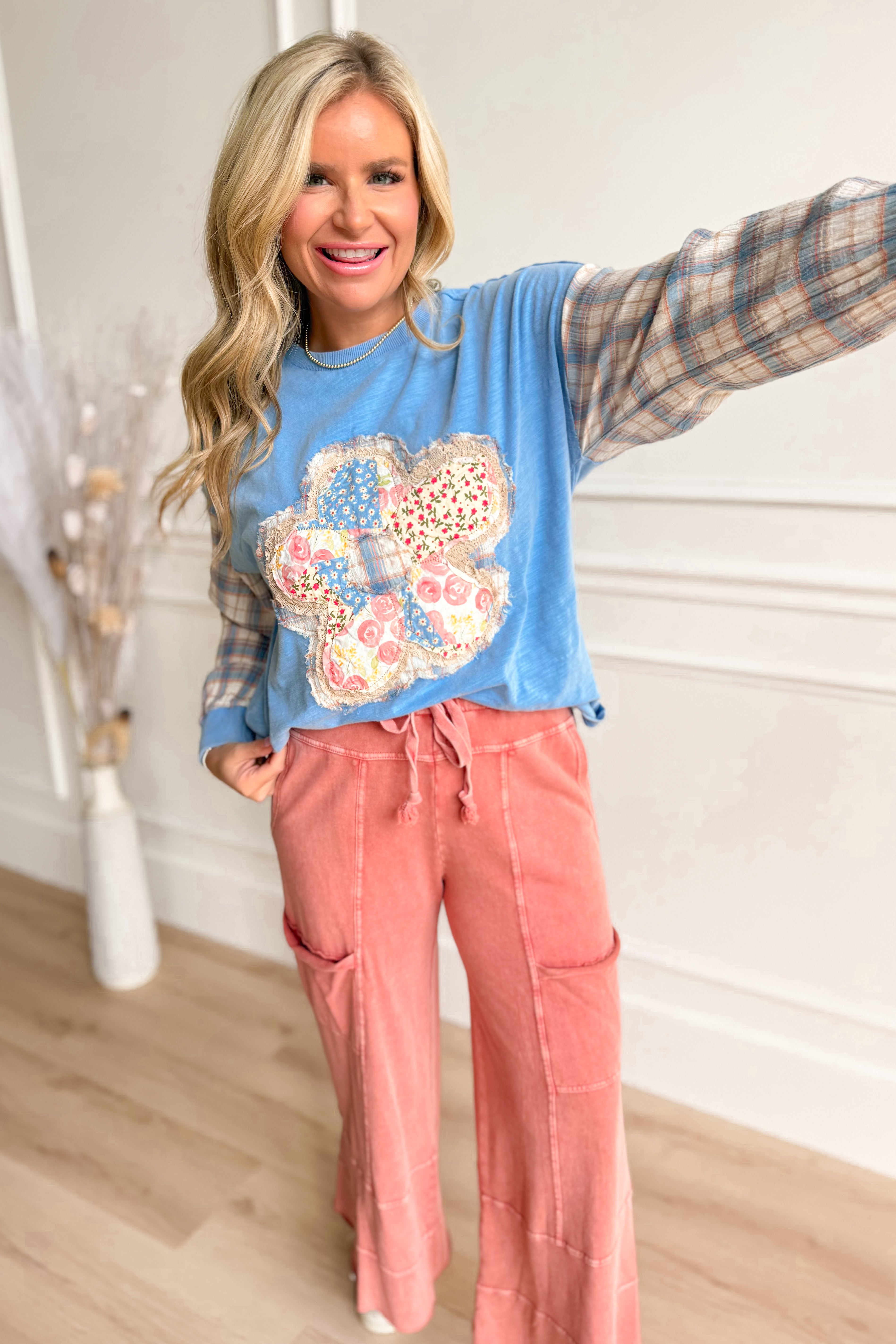 Sonya Plaid Sleeve Flower Patch Top - Be You Boutique