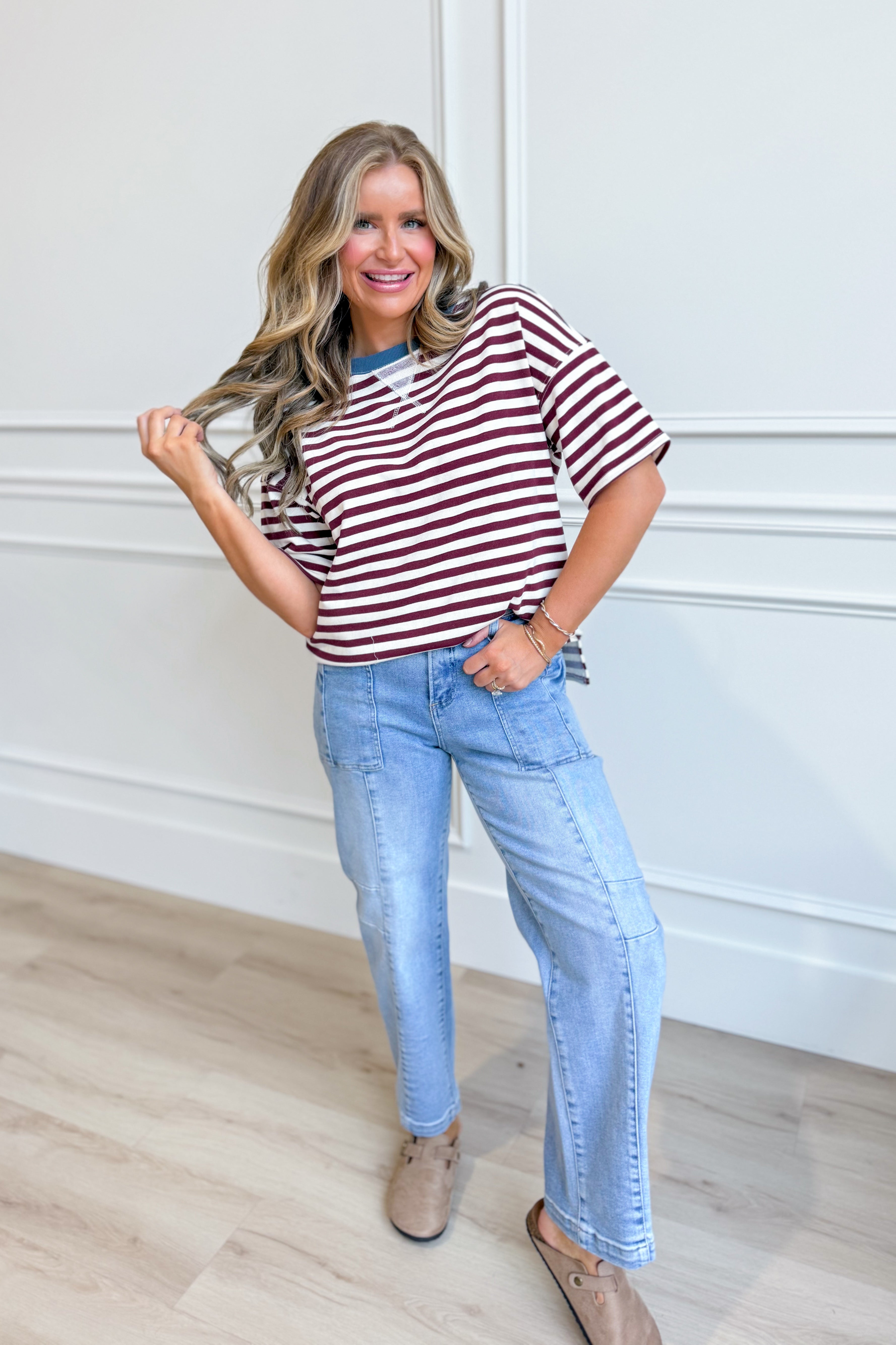 Ryan burgundy color block casual top by BLU PEPPER, featuring a stylish design and comfortable fit, shown in the image.