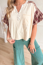 Callie Mineral Wash Plaid Puff Sleeve Top - Be You Boutique