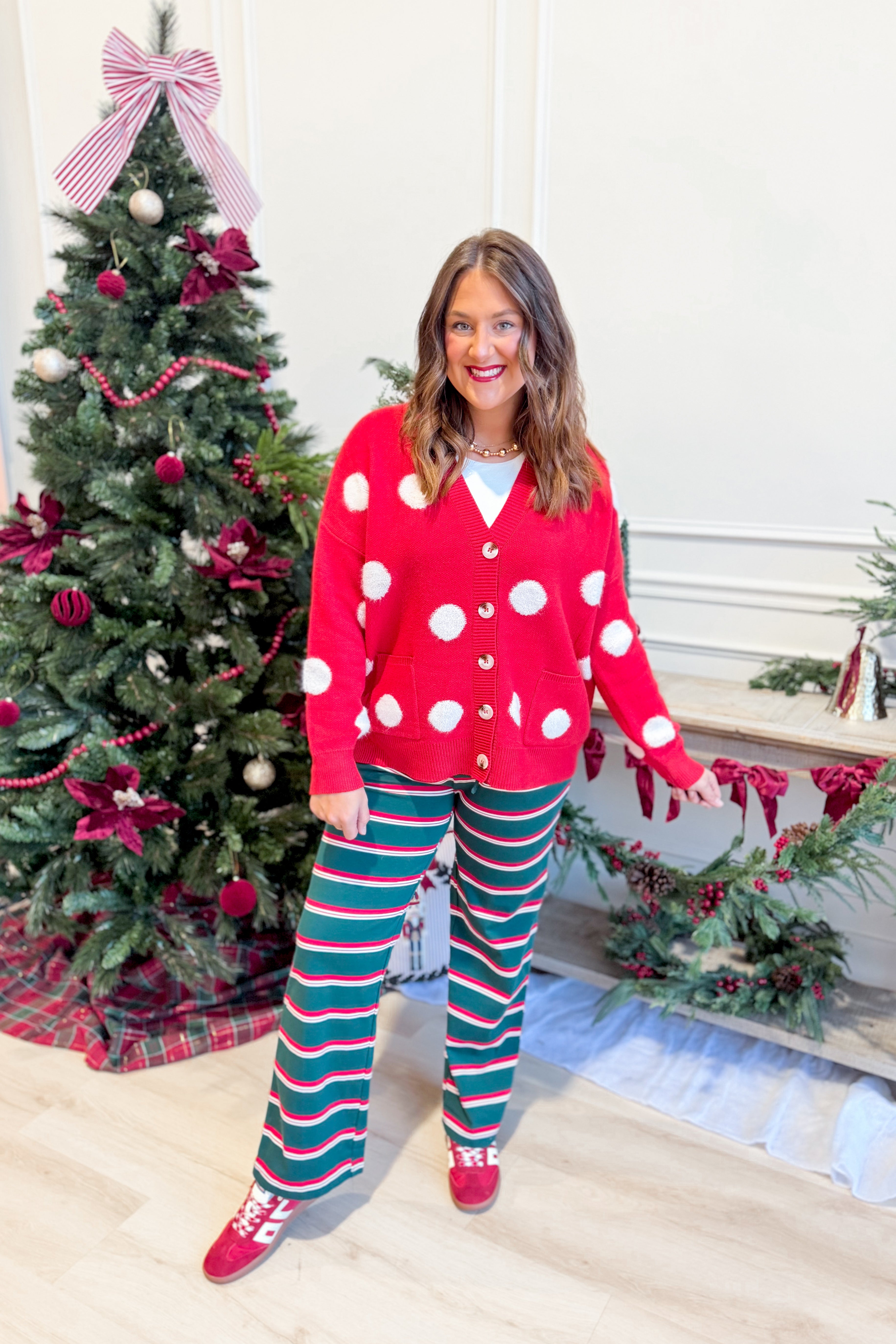 Red Saylor button-up cardigan from TWENTIFOURTH, styled as part of 132 fall sweaters collection, displayed on a neutral background.