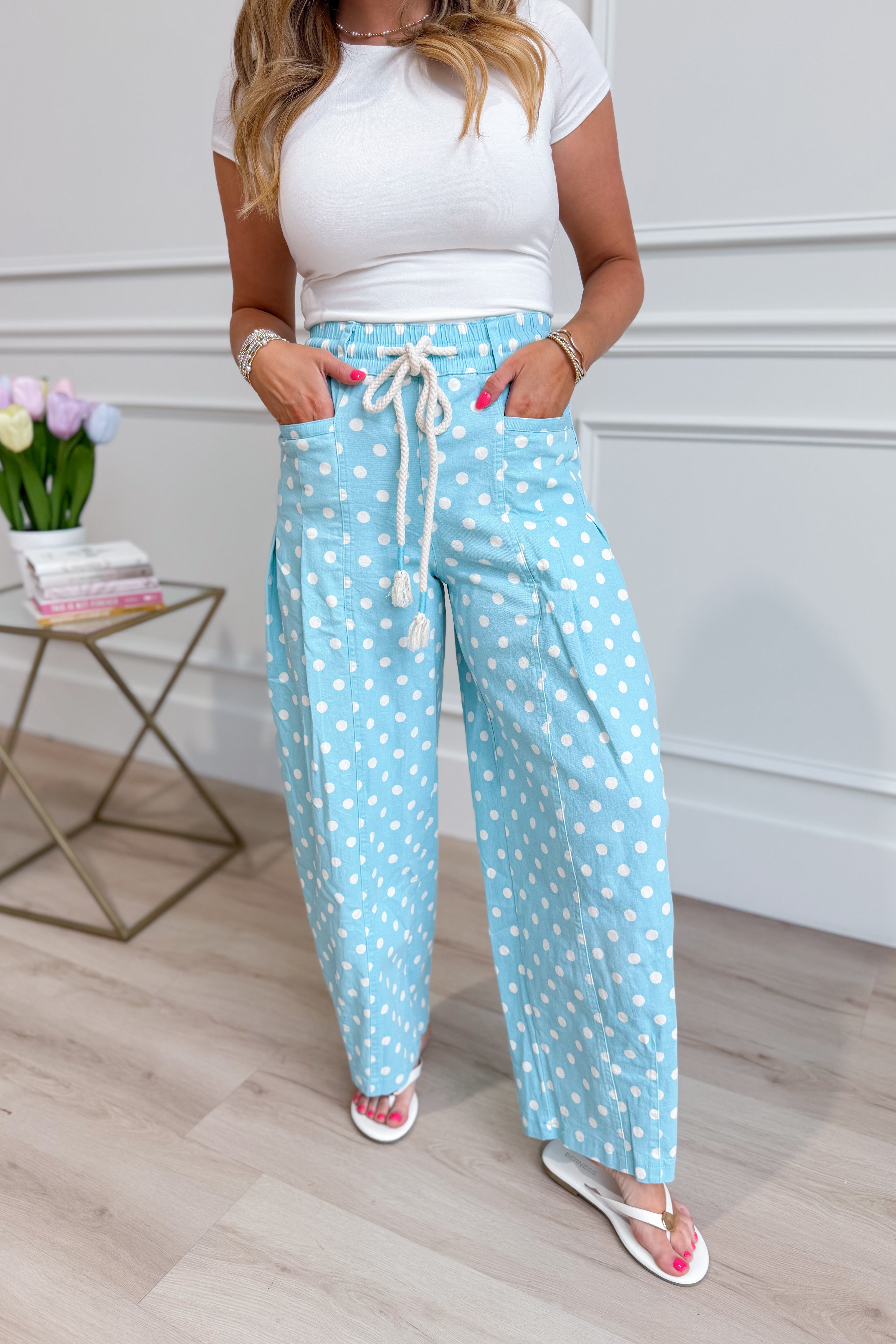 Mary Polka Dot Barrel Pant from &MERCI, 147 novelty jeans featuring black and white polka dot design with a relaxed barrel fit.