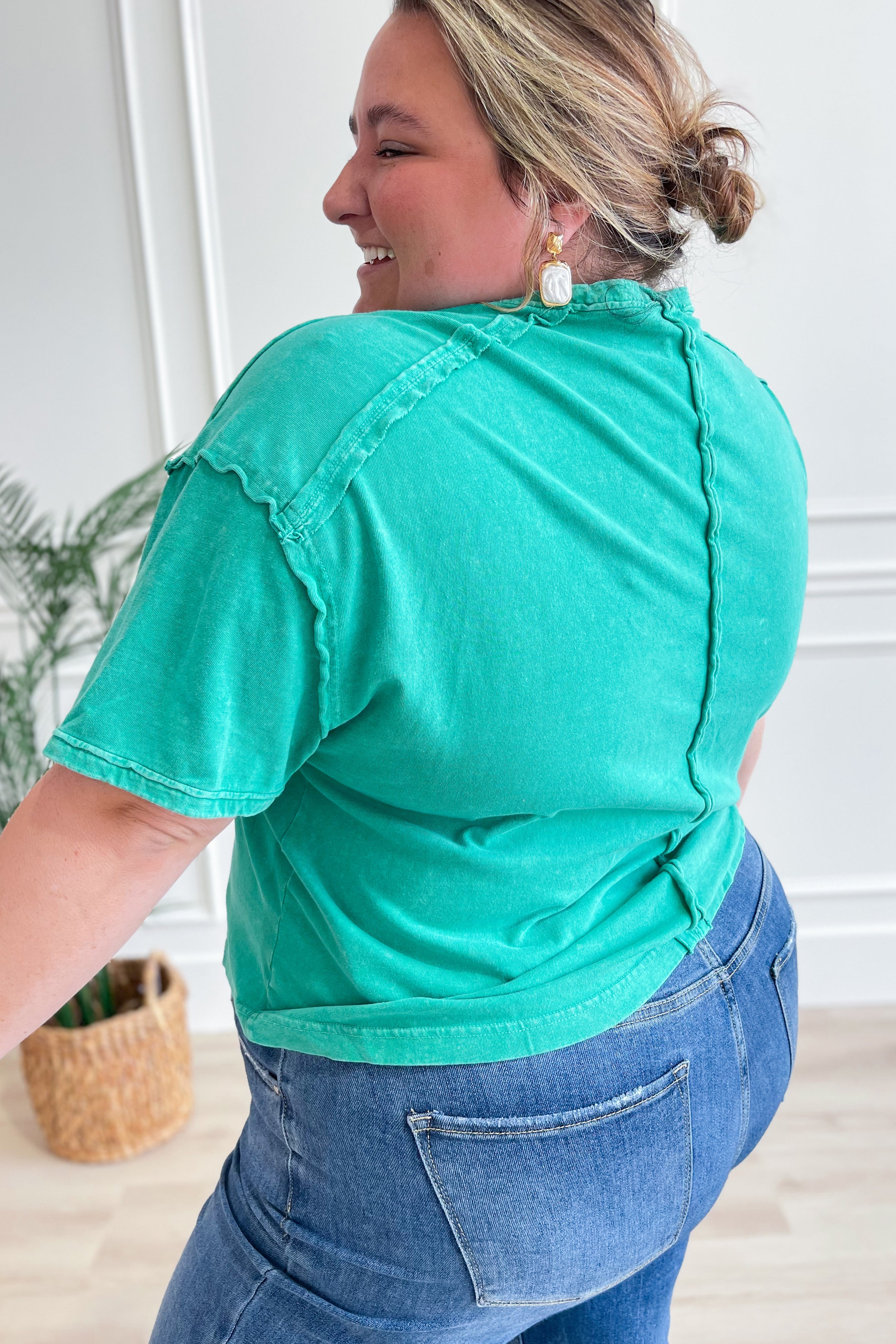 Clara Short Sleeve Washed Knit Pocket Tee - Green - Be You Boutique