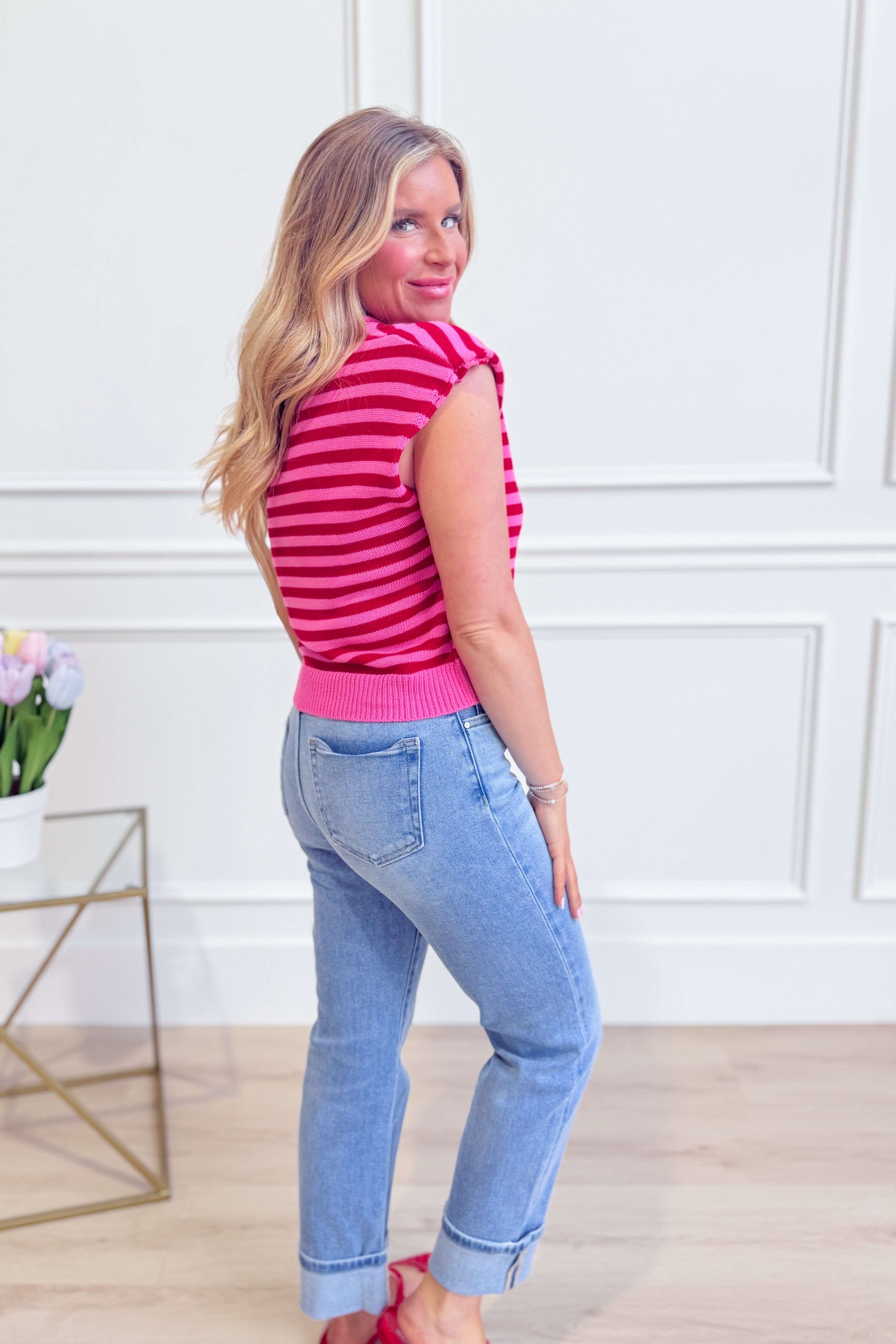 ENTRO Maggie striped button-down casual top with long sleeves and a relaxed fit, featuring a classic collar and vertical stripe pattern.