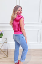 ENTRO Maggie striped button-down casual top with long sleeves and a relaxed fit, featuring a classic collar and vertical stripe pattern.