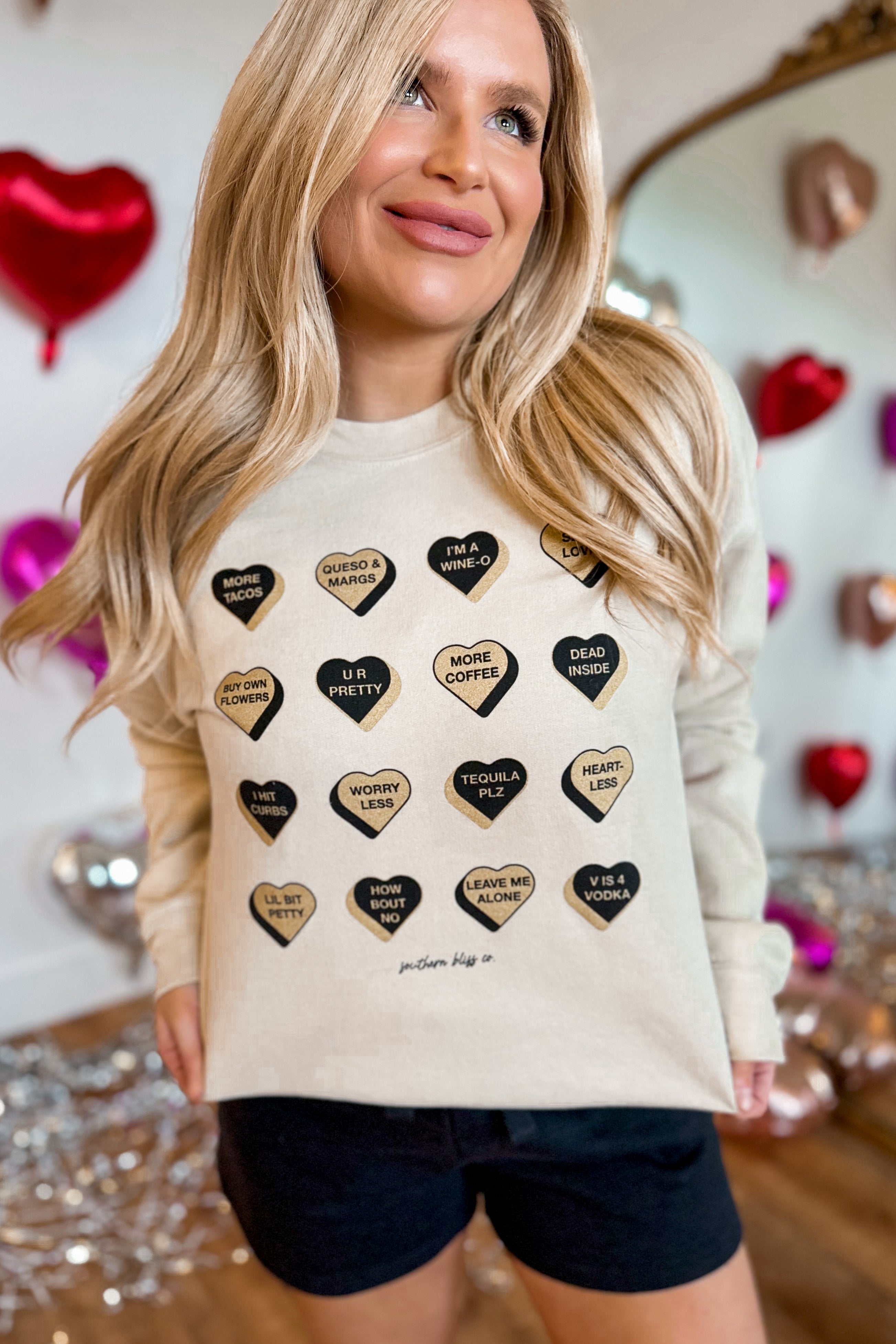 Valentines Glitter Candy Hearts Long Sleeve Graphic Sweatshirt - Be You Boutique