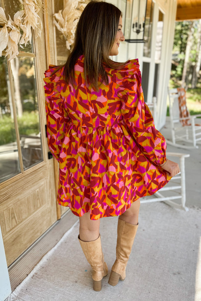 Poppy Poplin Printed Mock Neck Ruffle Detail Long Sleeve Dress - Be You Boutique