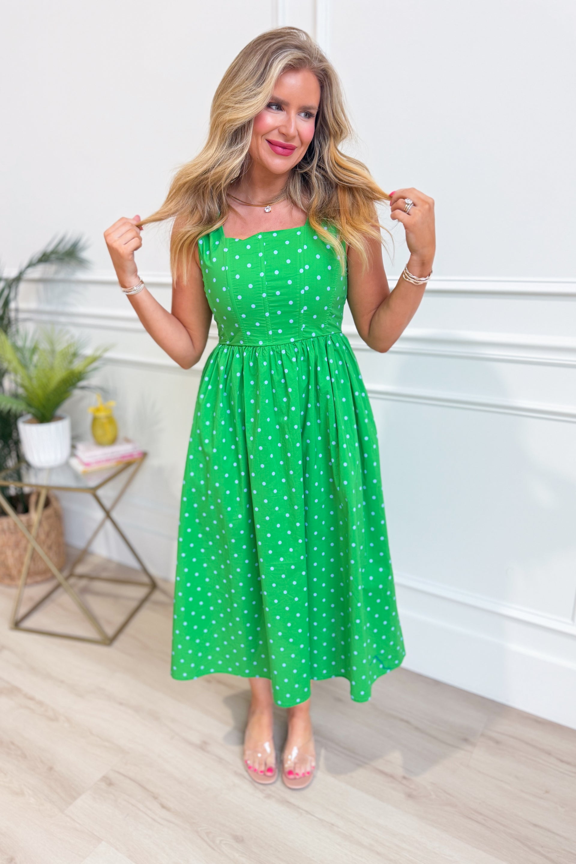 green polka dot dress midi Regio Midi Dress in Polka Dot Green 0