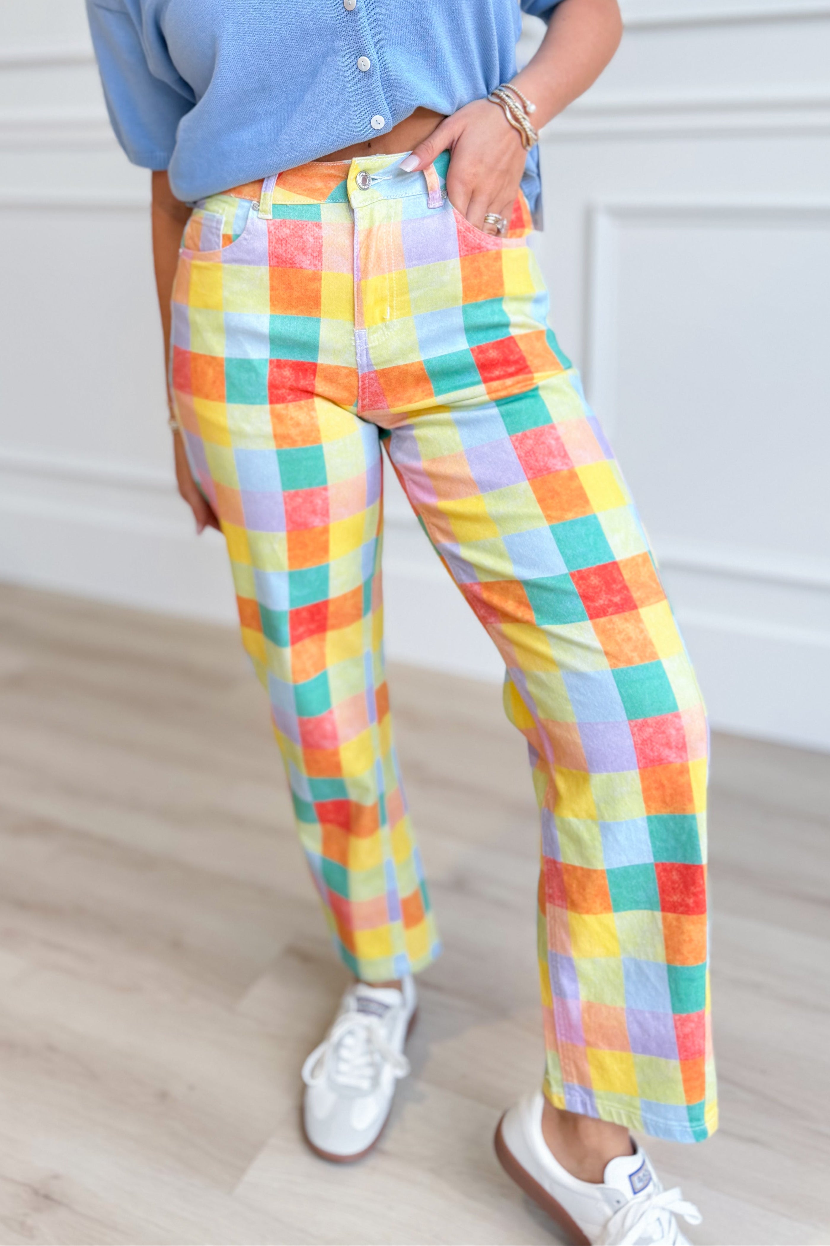 Madras plaid barrel jeans by POPPY & PINE featuring a relaxed fit and classic 147 novelty denim style.