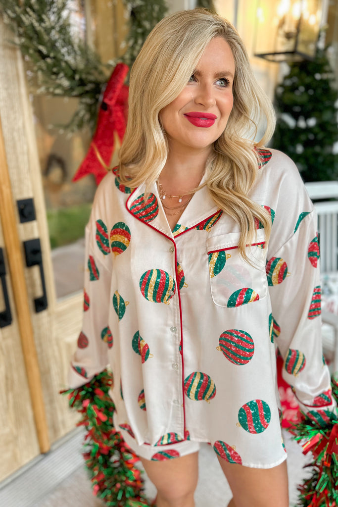 Christmas Ornament Pattern Satin Pajama Top and Short Set - Be You Boutique