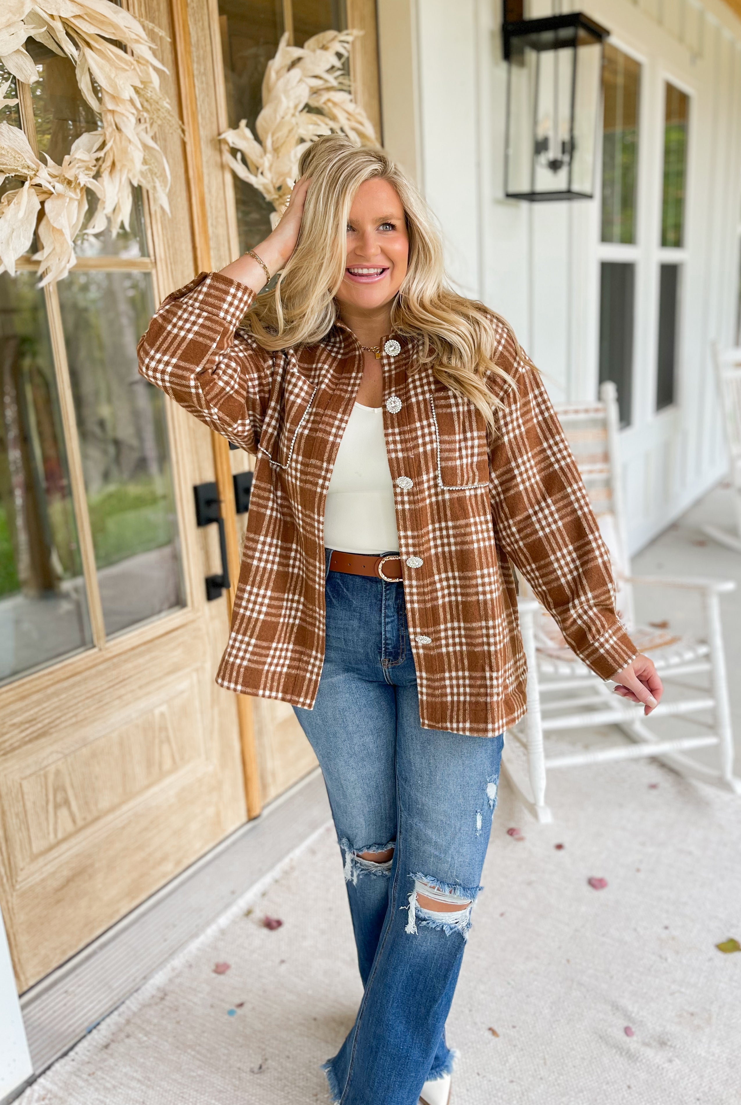 Braydon Flannel Shirt Shacket Jacket Top with Pockets and Rhinestones - Be You Boutique