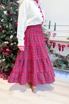 TWENTIFOURTH Sutton plaid tiered midi skirt with a flowing silhouette and layered design, in a classic plaid pattern.