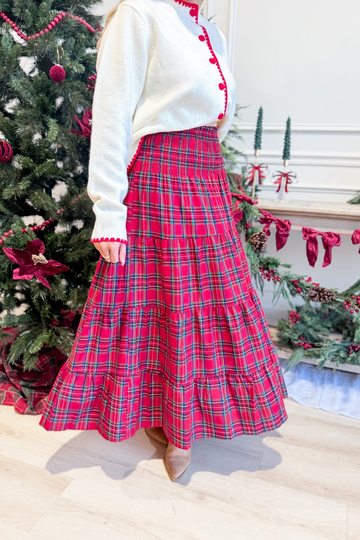 TWENTIFOURTH Sutton plaid tiered midi skirt with a flowing silhouette and layered design, in a classic plaid pattern.