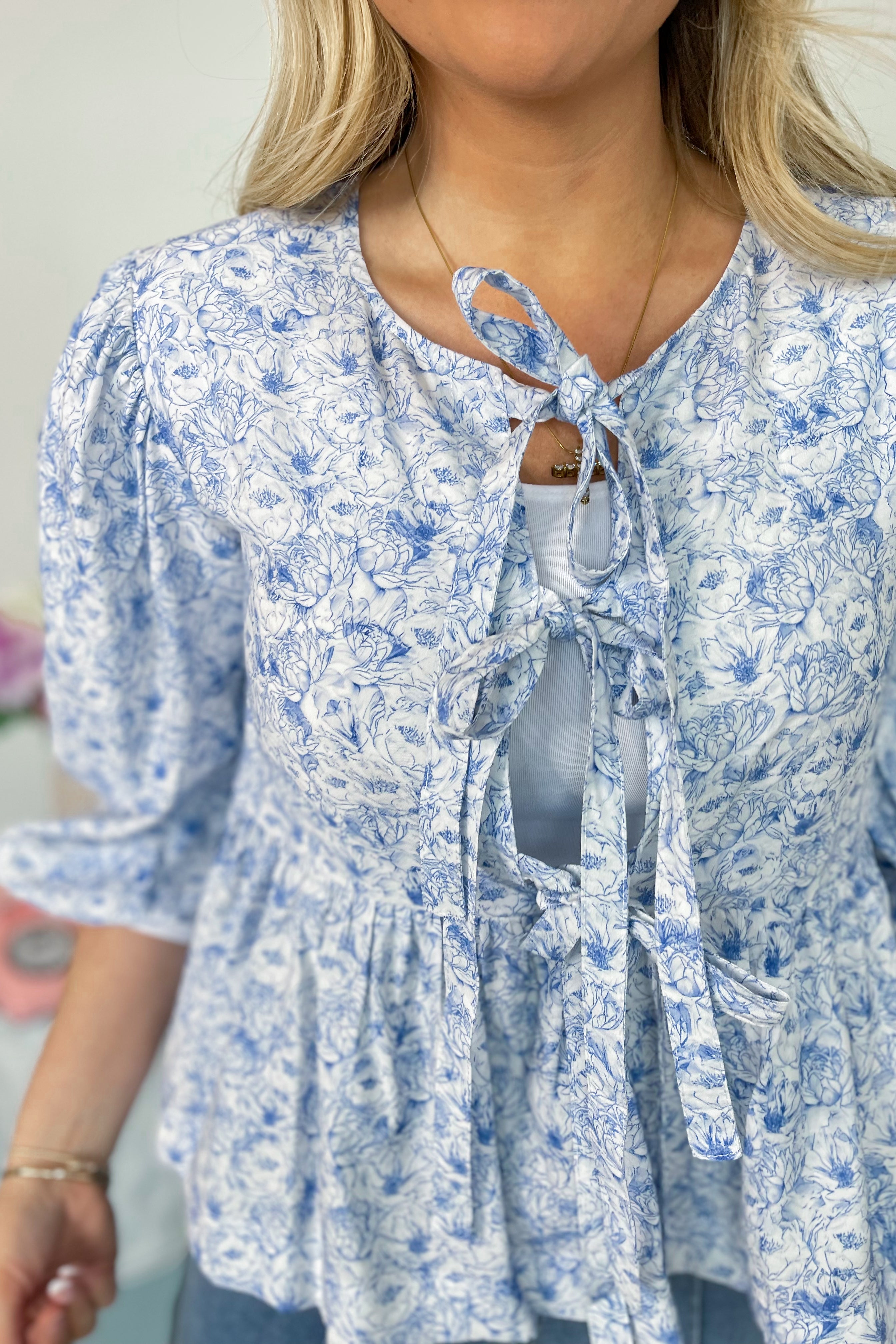 Azure Water Paint Floral Blouse - Be You Boutique