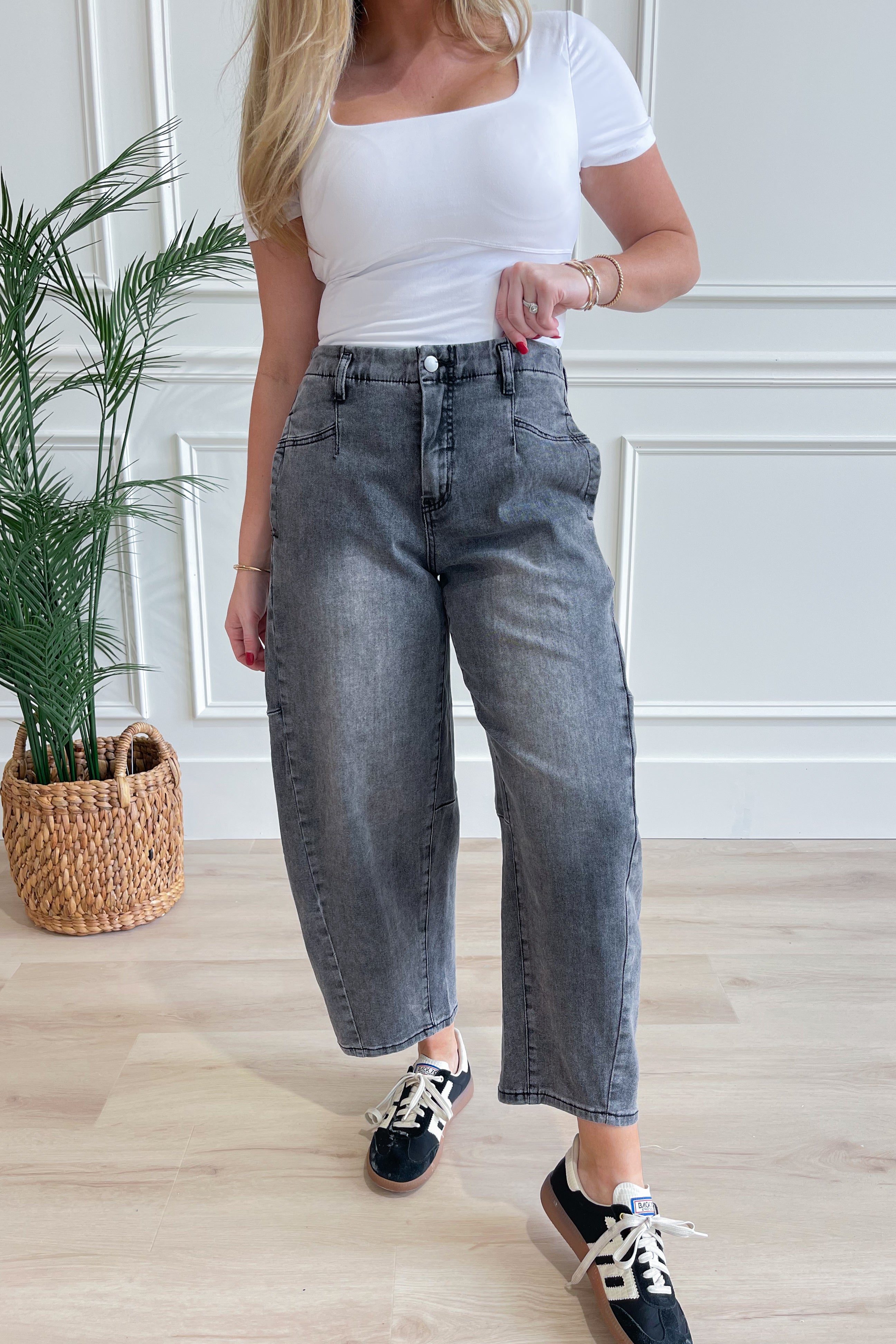 Easel Braxton Black Washed Barrel Pant - Be You Boutique