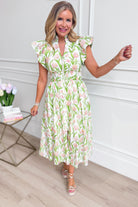 ENTRO Carson botanical floral printed dress featuring a flowy silhouette and vibrant floral pattern for a stylish look.
