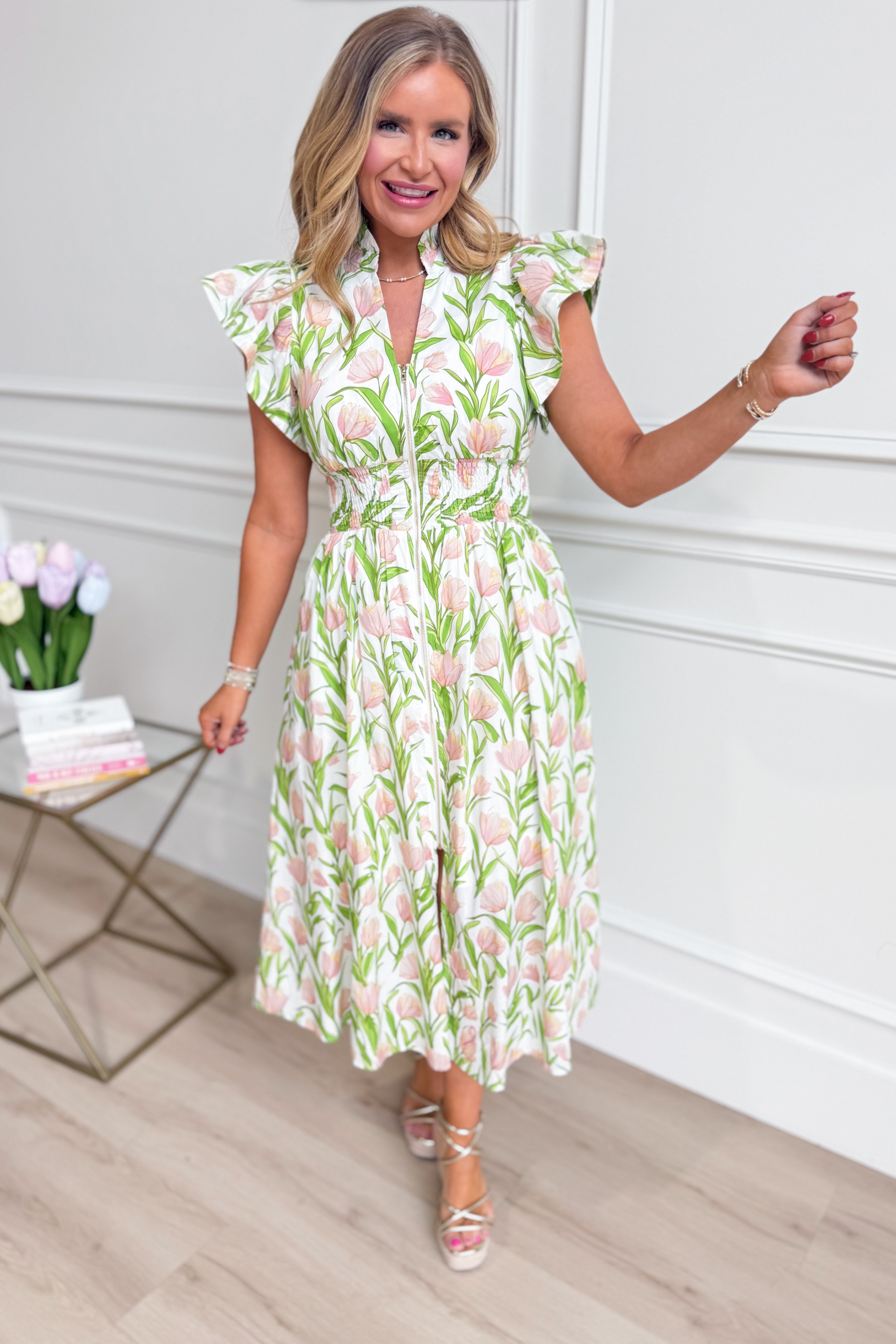 ENTRO Carson botanical floral printed dress featuring a flowy silhouette and vibrant floral pattern for a stylish look.