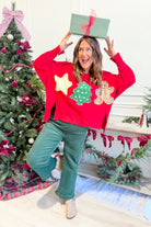 PEACH LOVE Tweed Christmas Patch Pullover Sweatshirt featuring festive holiday patch design and cozy graphic sweatshirt style.