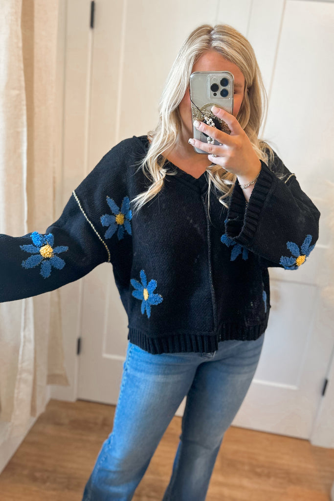 Emmett V Neck Floral Chenille Pullover Sweater - Be You Boutique