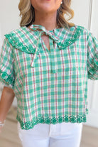 Lucy Floral Gingham Embroidered Collar Top by &MERCI, a stylish dressy top with floral pattern and embroidered collar detail.