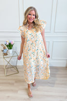 ENTRO Aubrey yellow floral flutter sleeve dress, elegant 125 dressy dress with vibrant floral pattern and flowing fabric.