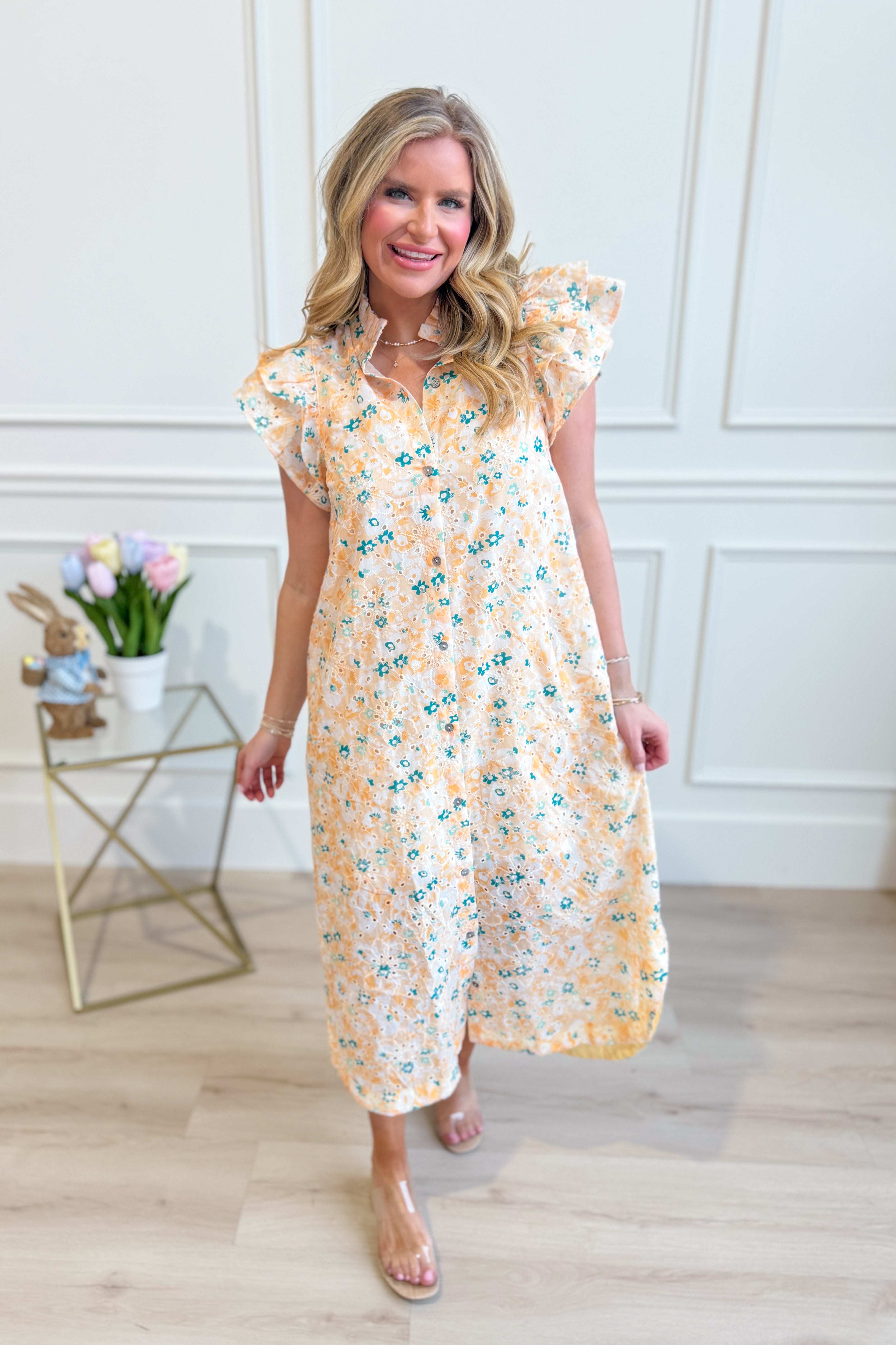 ENTRO Aubrey yellow floral flutter sleeve dress, elegant 125 dressy dress with vibrant floral pattern and flowing fabric.