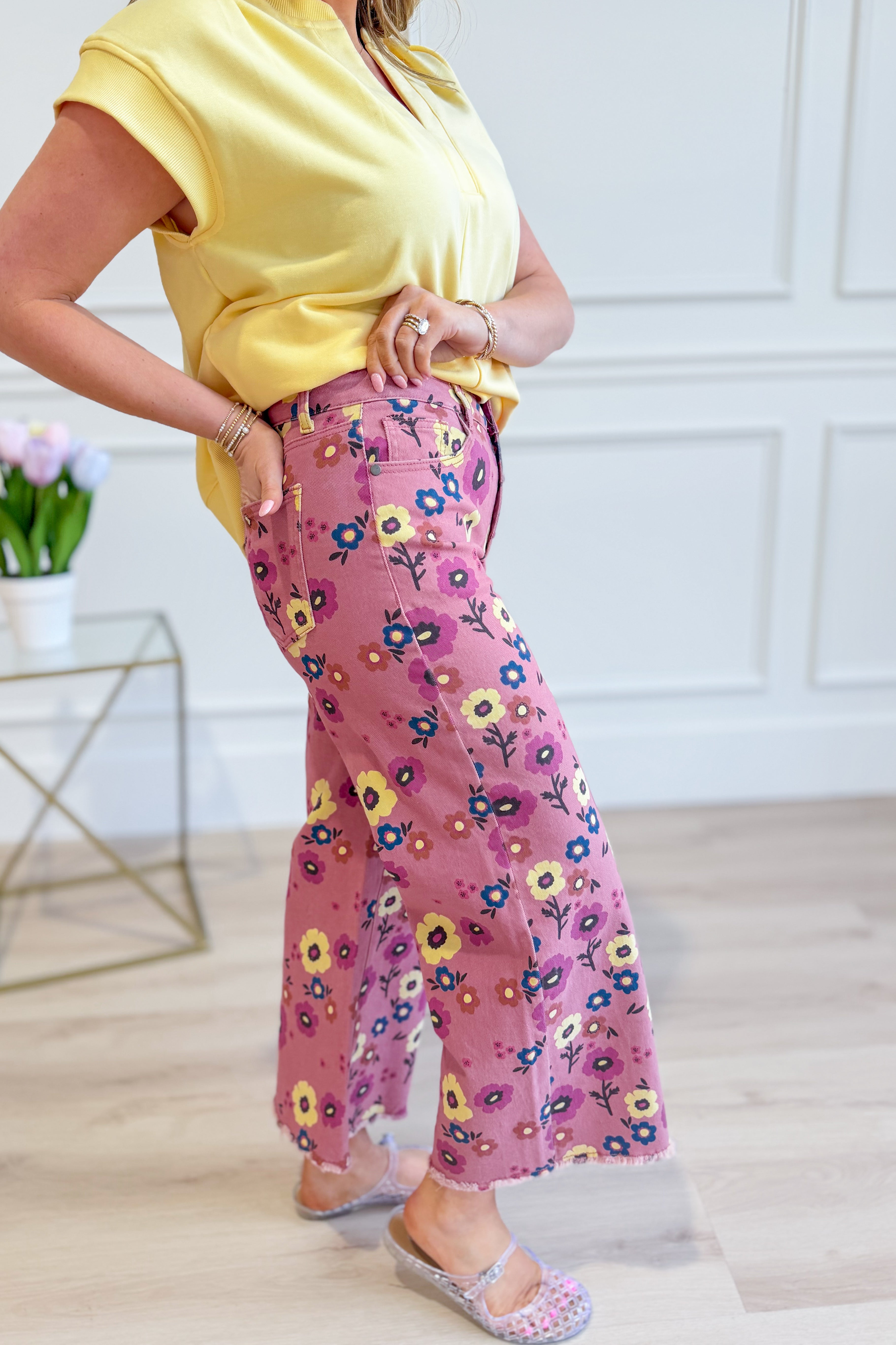 EASEL Eleanor floral wide leg pants in lightweight fabric with a colorful floral pattern and relaxed fit.