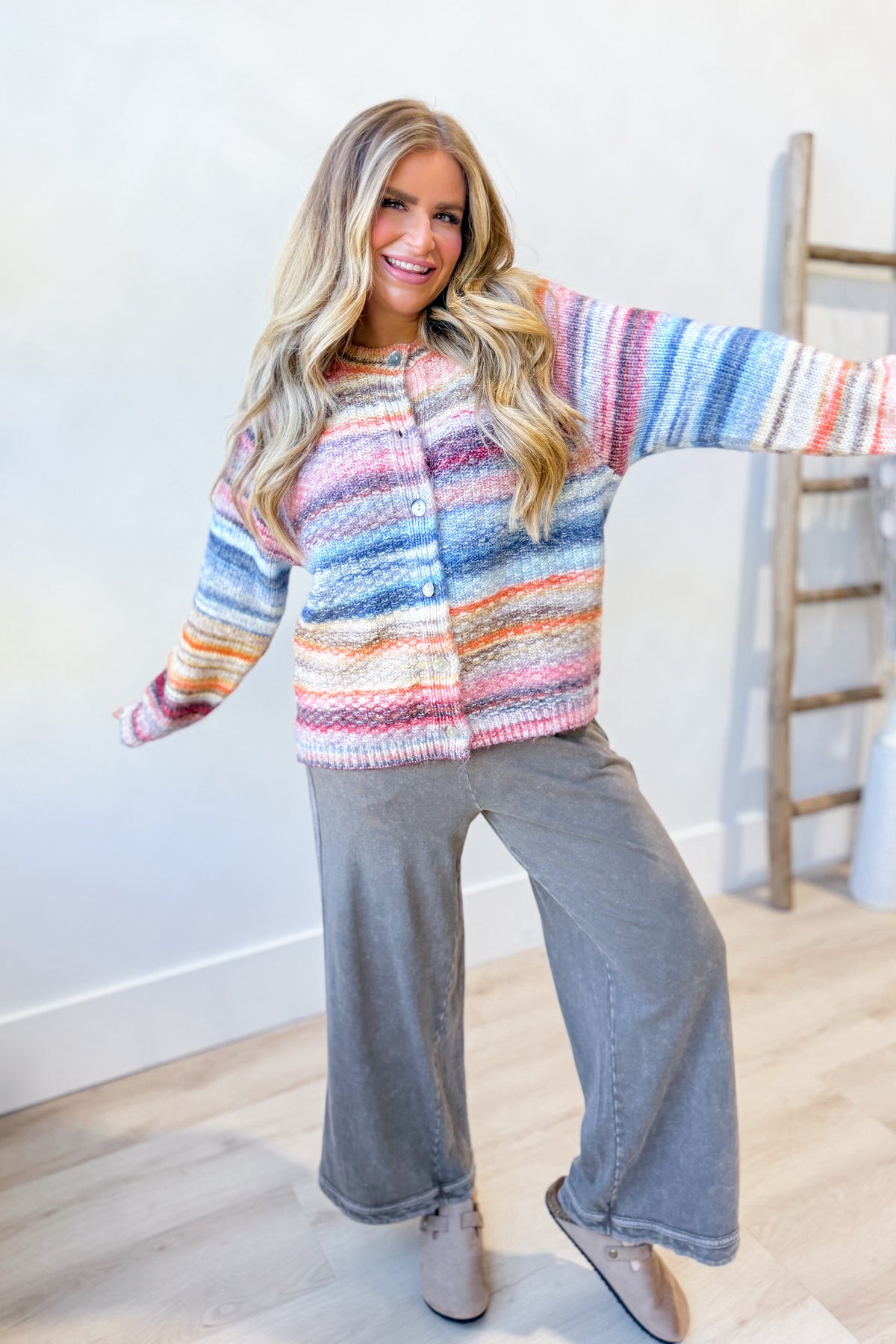 TWENTIFOURTH Susie multi-striped long sleeve cardigan from the 132 Fall Sweaters collection, featuring colorful horizontal stripes and a cozy fit.