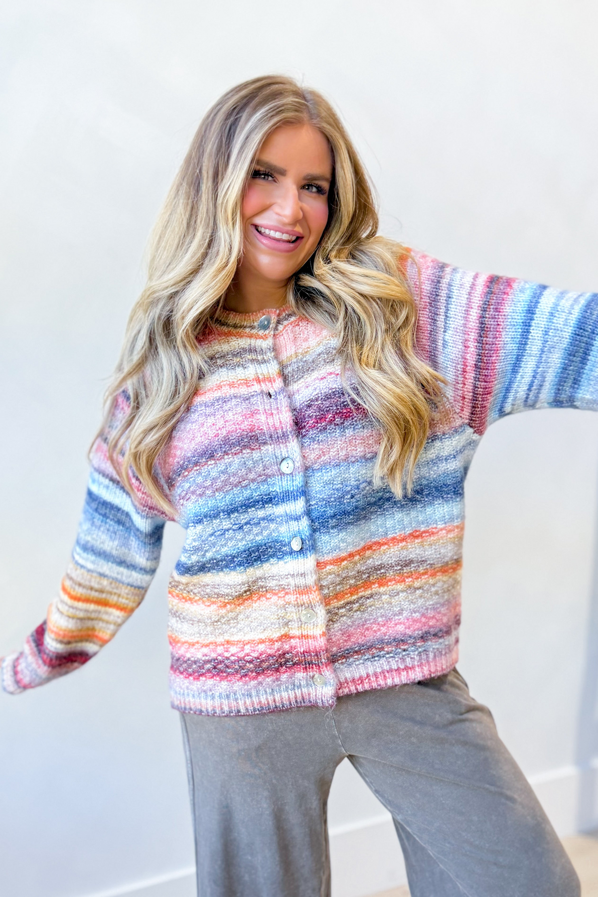 Twentifourth Susie multi-striped long sleeve cardigan with fall colors and cozy knit fabric, casual and stylish for autumn wear.