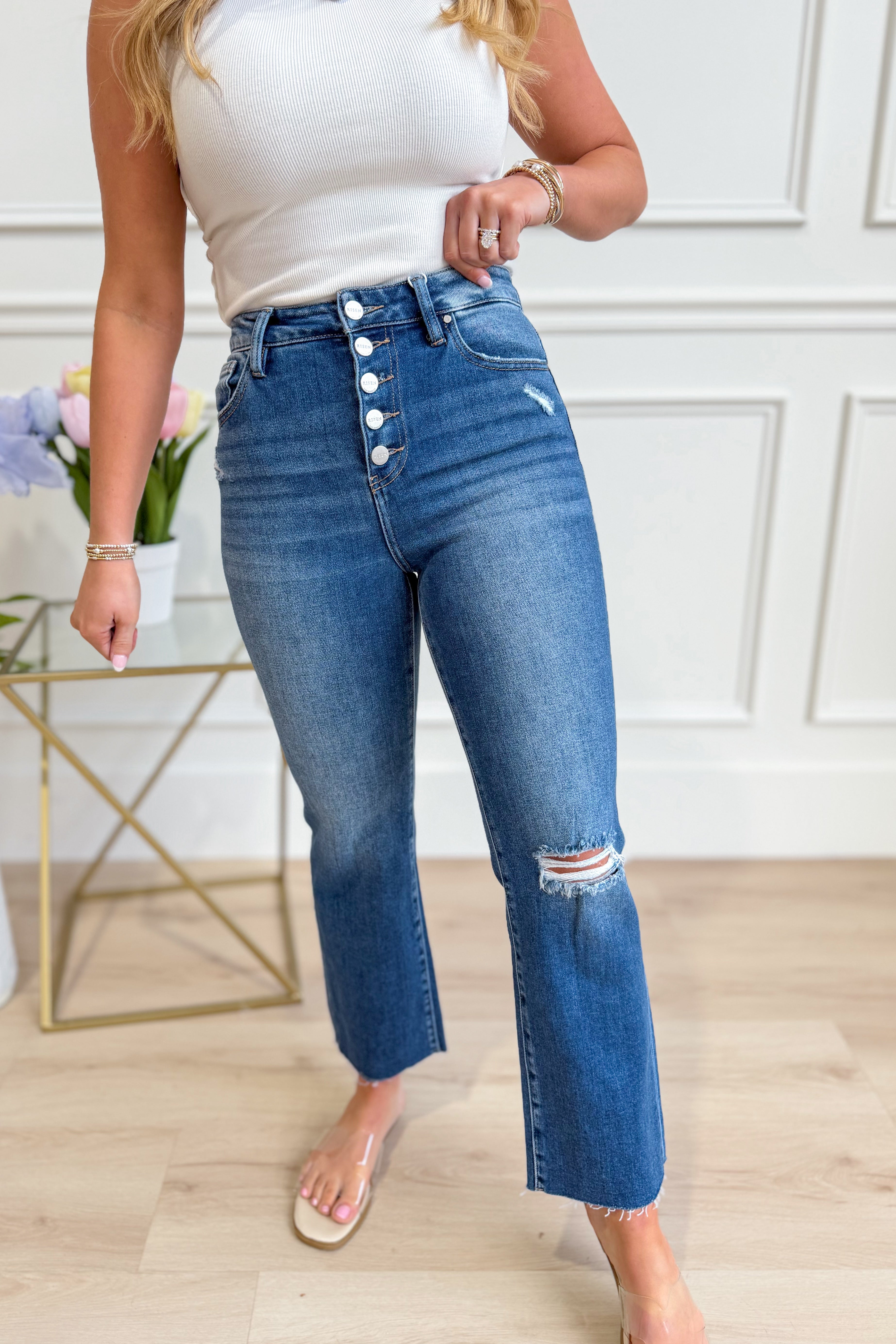 Risen James high-rise crop straight distressed denim jeans in size 1XL to 3XL, featuring button closure and classic blue wash.
