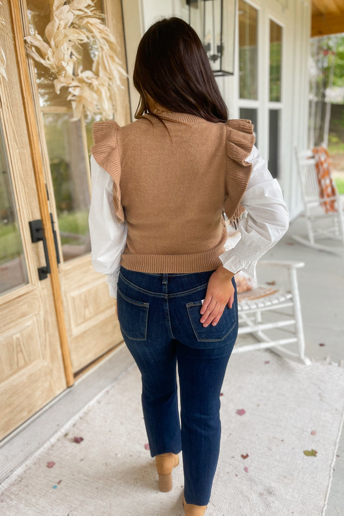 Zion Round Neck Ruffle Detail Sweater With White Contrasting Sleeves - Be You Boutique