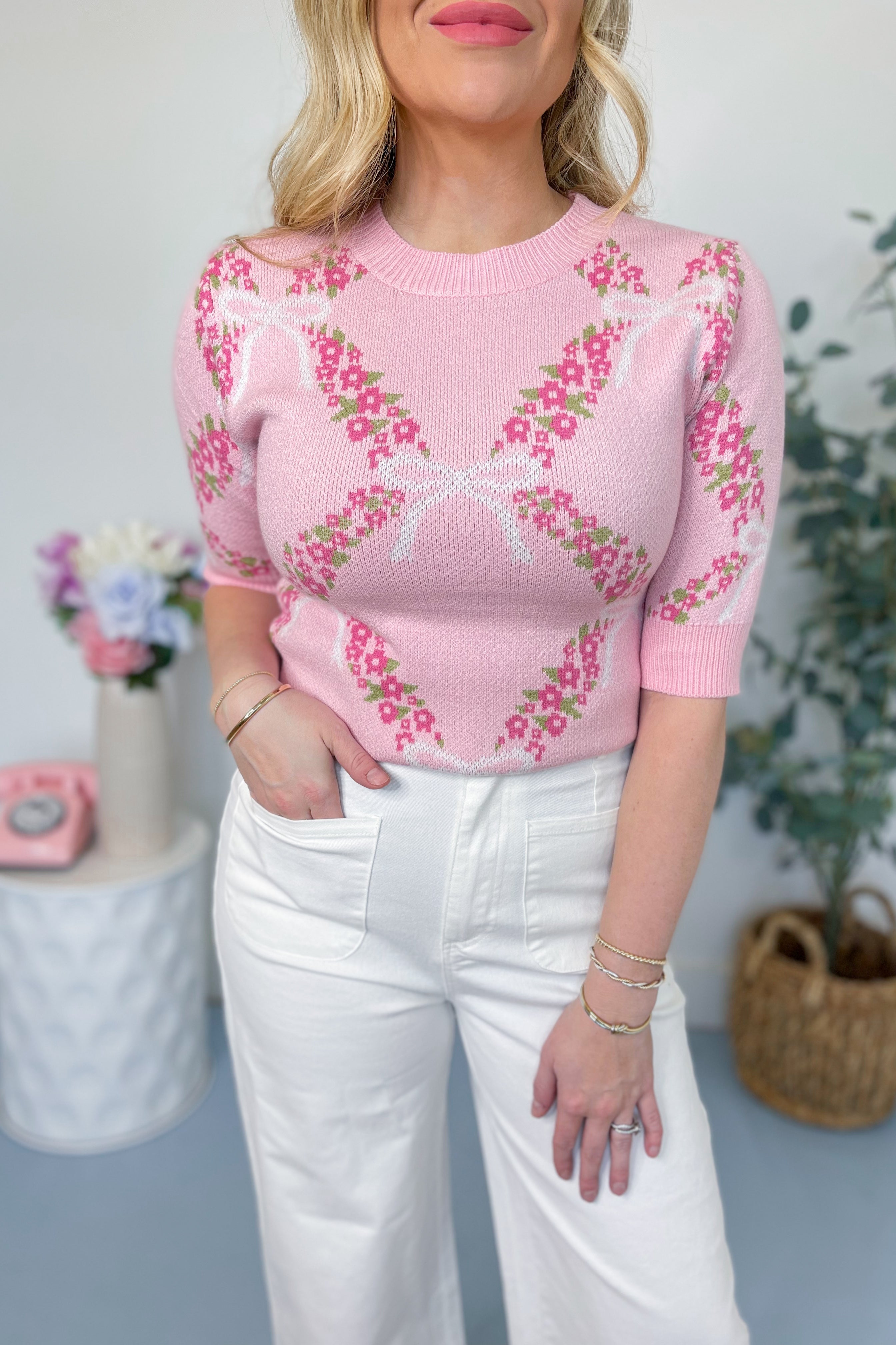 Sally Short Sleeve Floral Ribbon Print Sweater Top - Be You Boutique