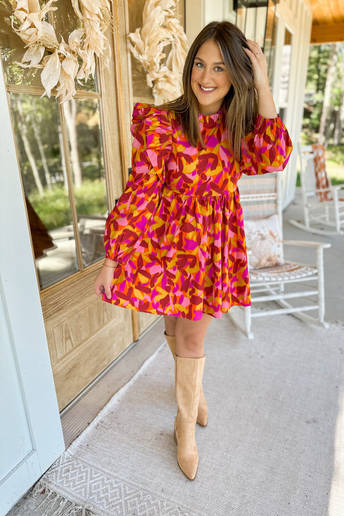 Poppy Poplin Printed Mock Neck Ruffle Detail Long Sleeve Dress - Be You Boutique