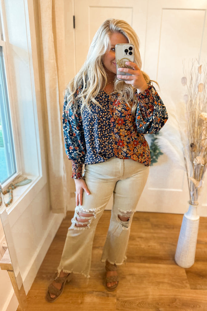 Hudson Floral Print Split Neck Top with High Low Hem - Be You Boutique