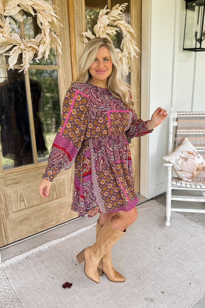 Allie Plum Print Long Sleeve Dress - Be You Boutique