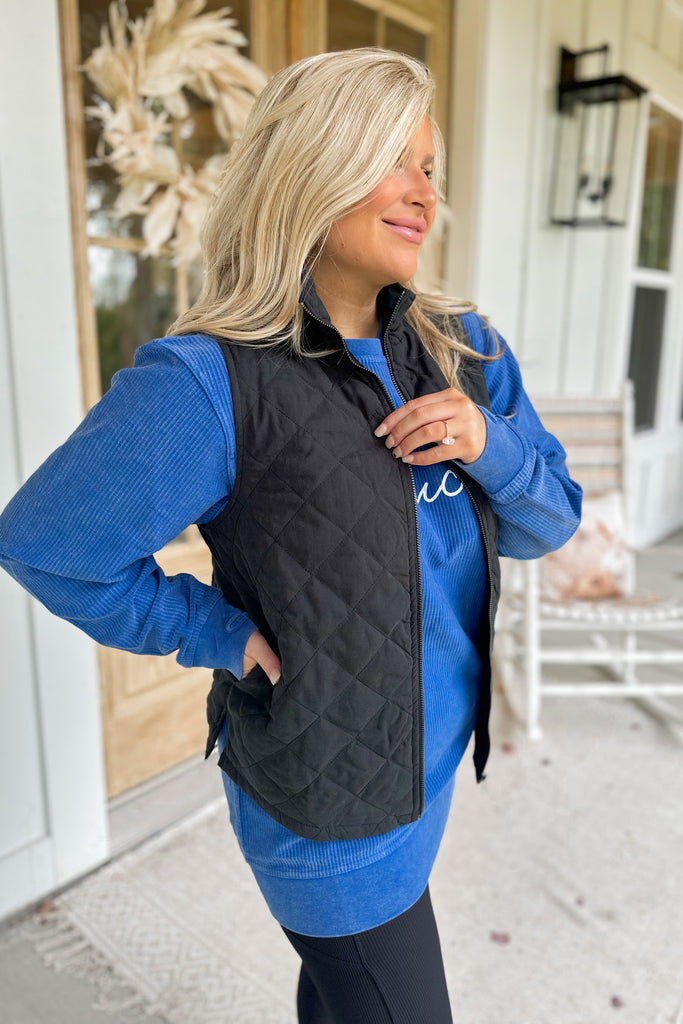 Ethan Sleeveless Quilted Zip Front Vest with Side Slits and Pockets - Be You Boutique