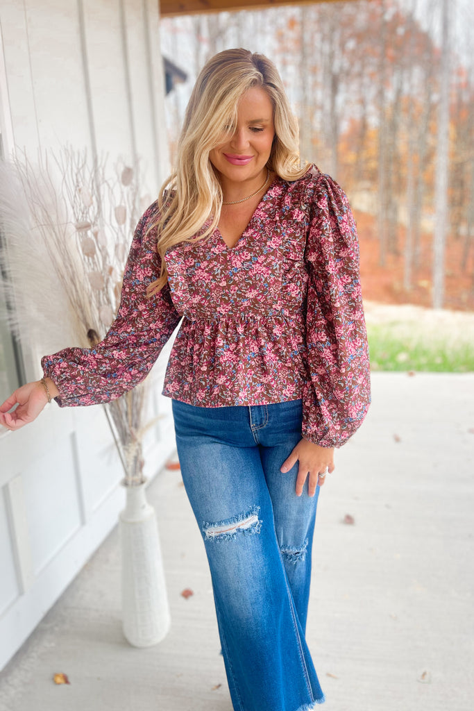 Liza Floral Print V Neck Long Sleeve Peplum Top - Be You Boutique