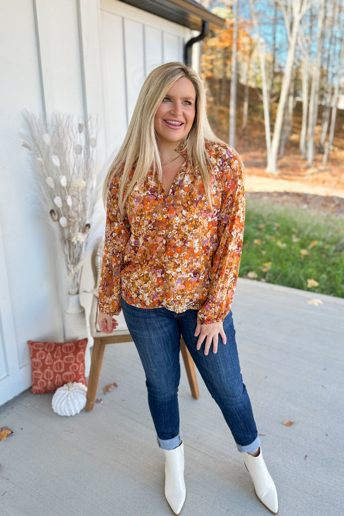 Peggy Floral Long Sleeve Mock Neck Blouse Top - Be You Boutique