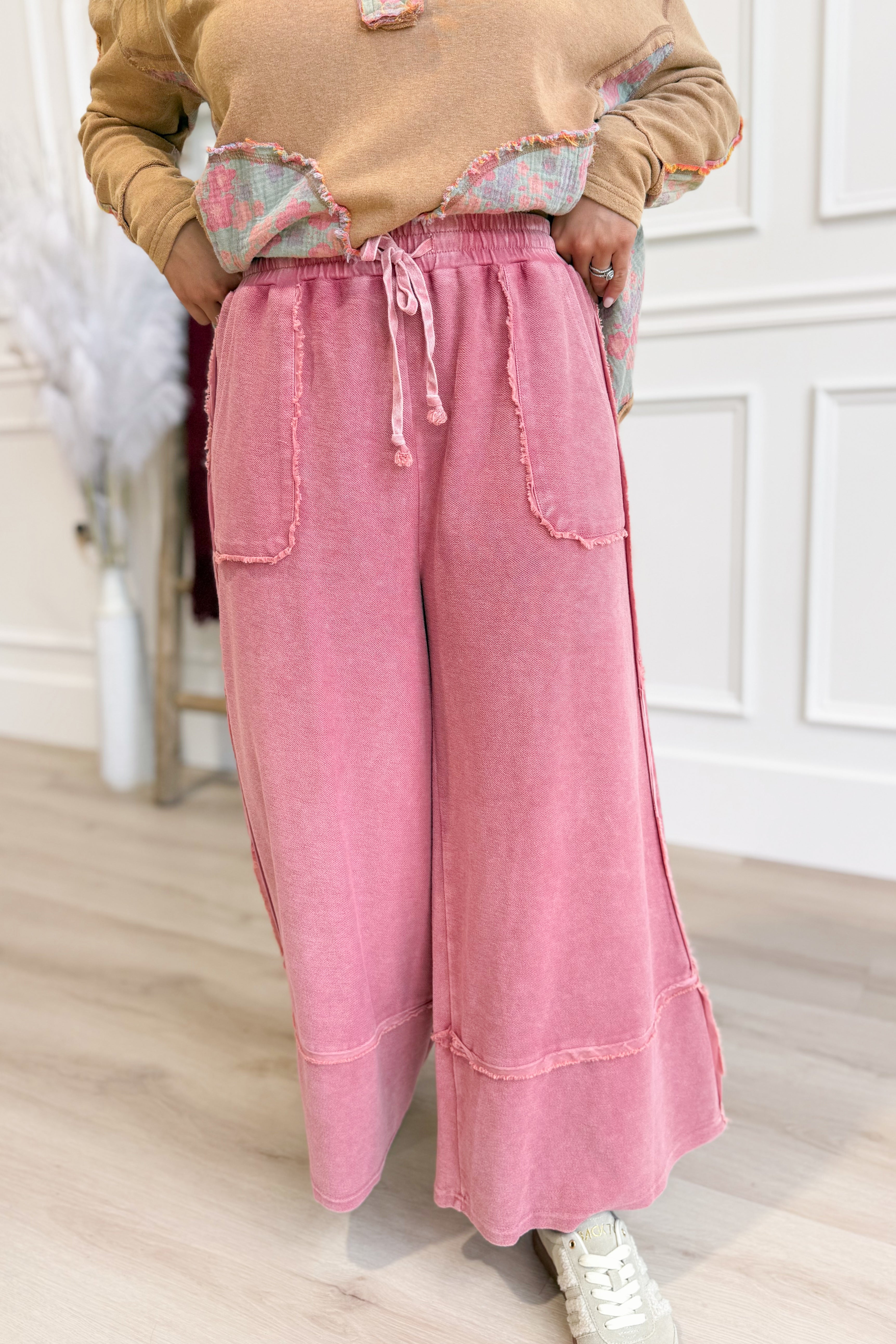 Caris Mineral Washed Upside Down Terry Knit Wide Leg Palazzo Pants - Be You Boutique
