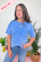 Clara Short Sleeve Washed Knit Pocket Tee - Blue - Be You Boutique