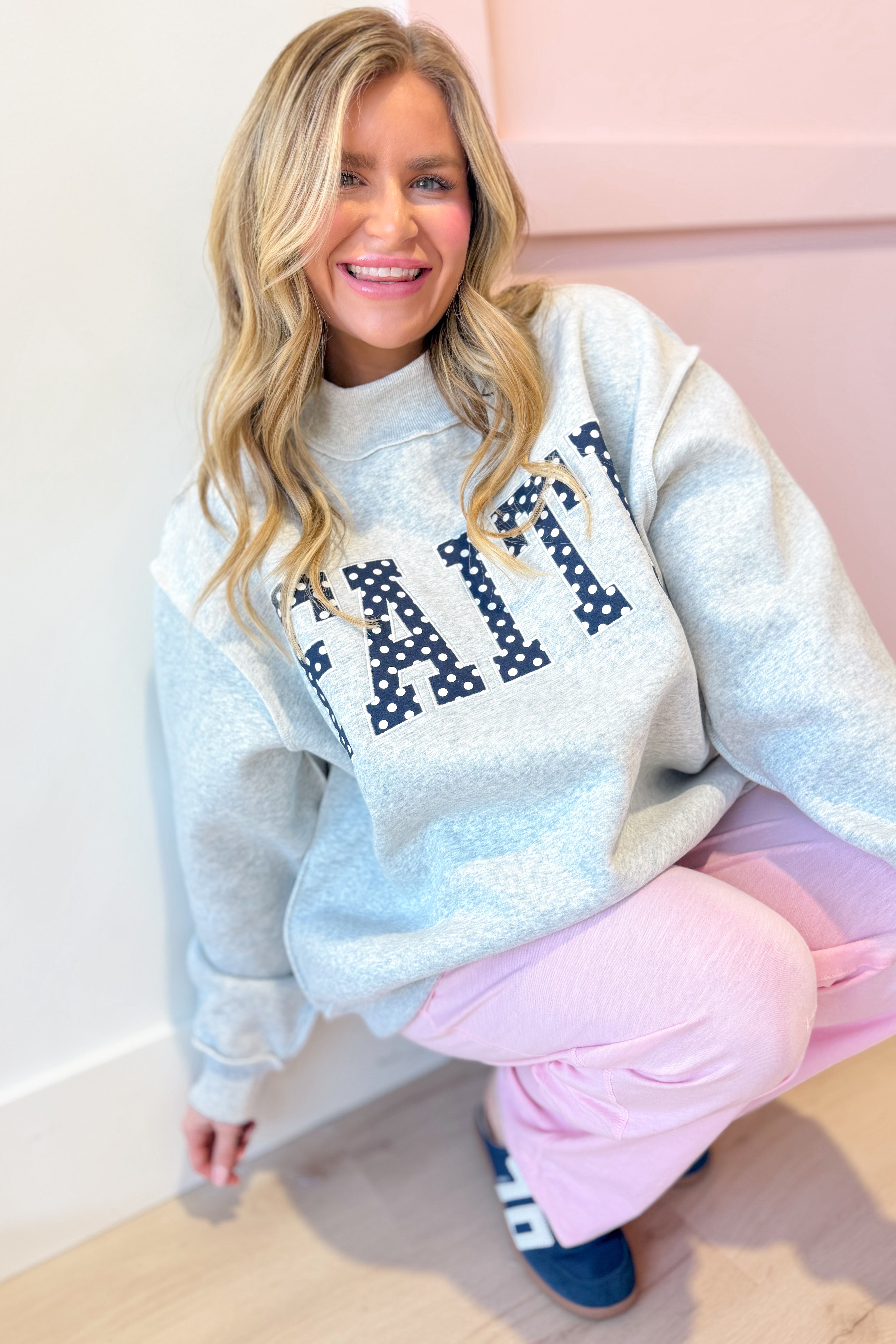 Faith Polka Dot Mock Embroidered Sweatshirt - Be You Boutique