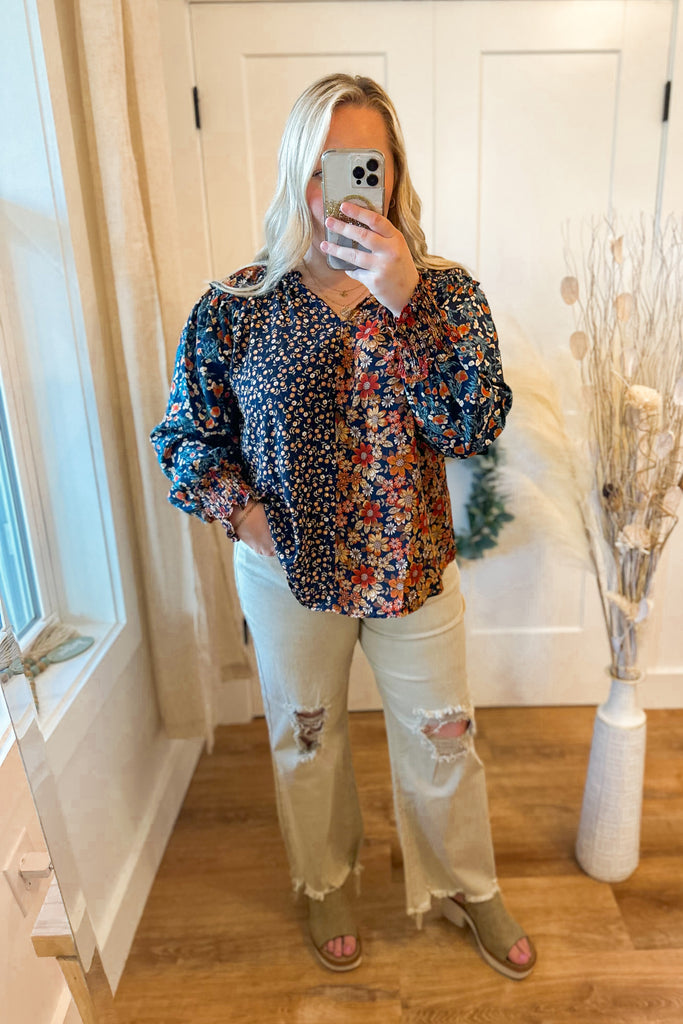 Hudson Floral Print Split Neck Top with High Low Hem - Be You Boutique
