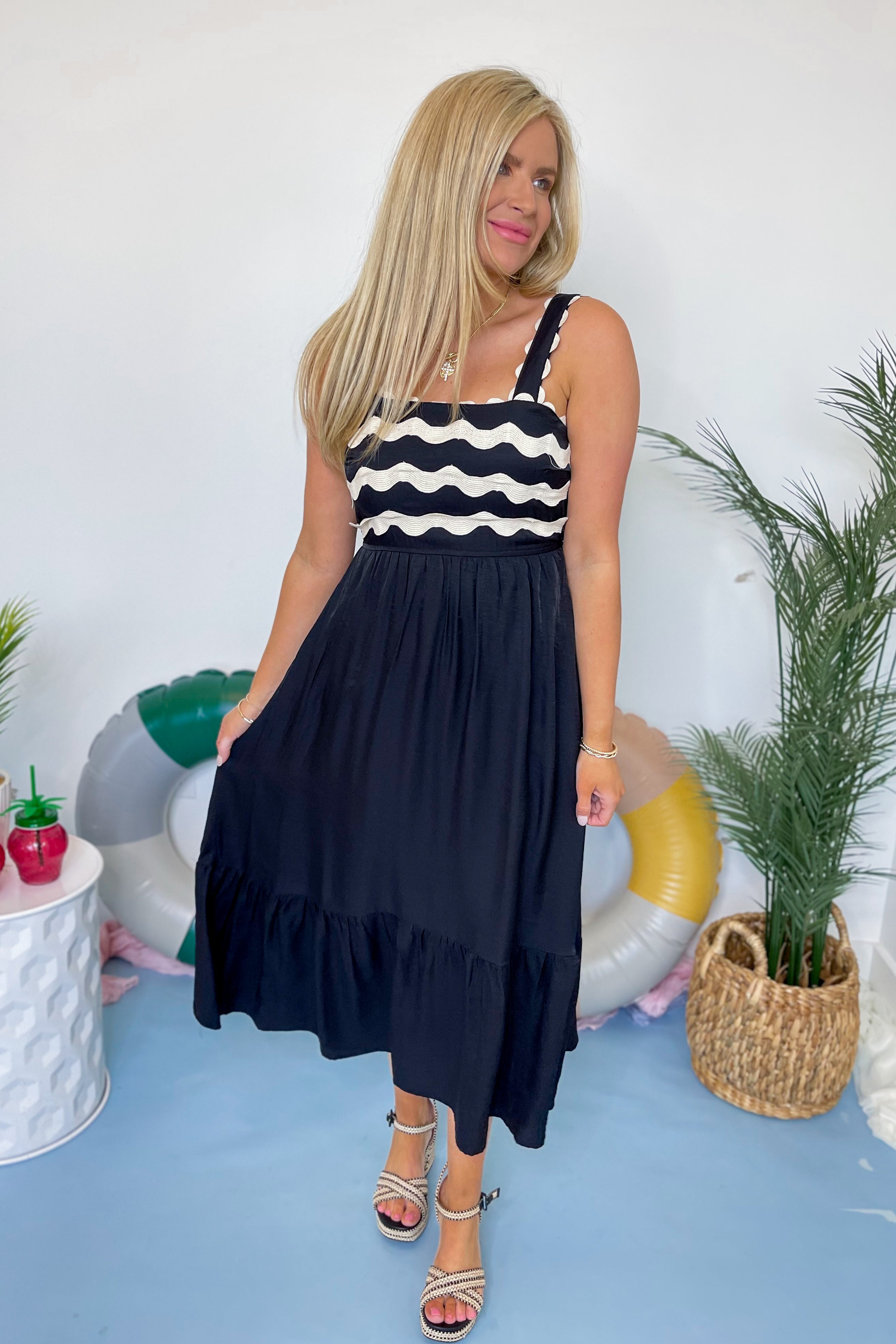 Laura Wavy Trim Detailed Sleeveless Dress - Be You Boutique