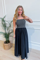 HYFVE Moana striped strapless midi dress, casual dress with bold vertical stripes, perfect for summer or casual outings.