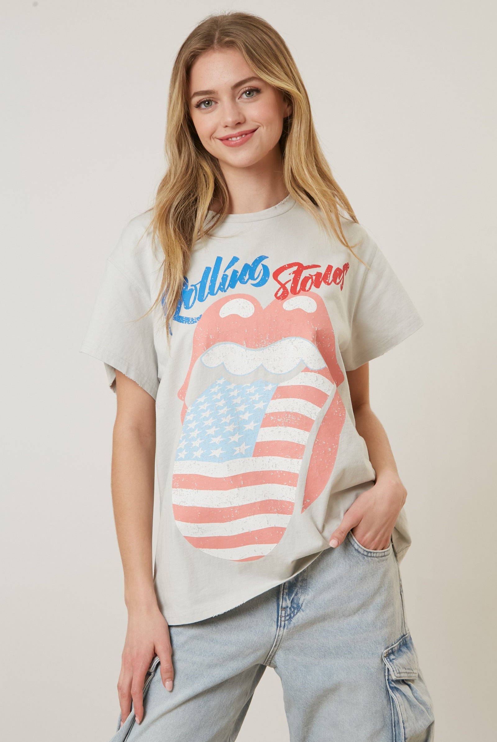 Rolling Stars and Stripes Washed and Distressed T Shirt - Be You Boutique