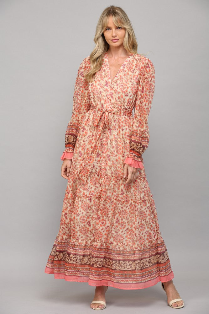 Mikey Print Lurex Chiffon Tie Waist Maxi Dress - Be You Boutique