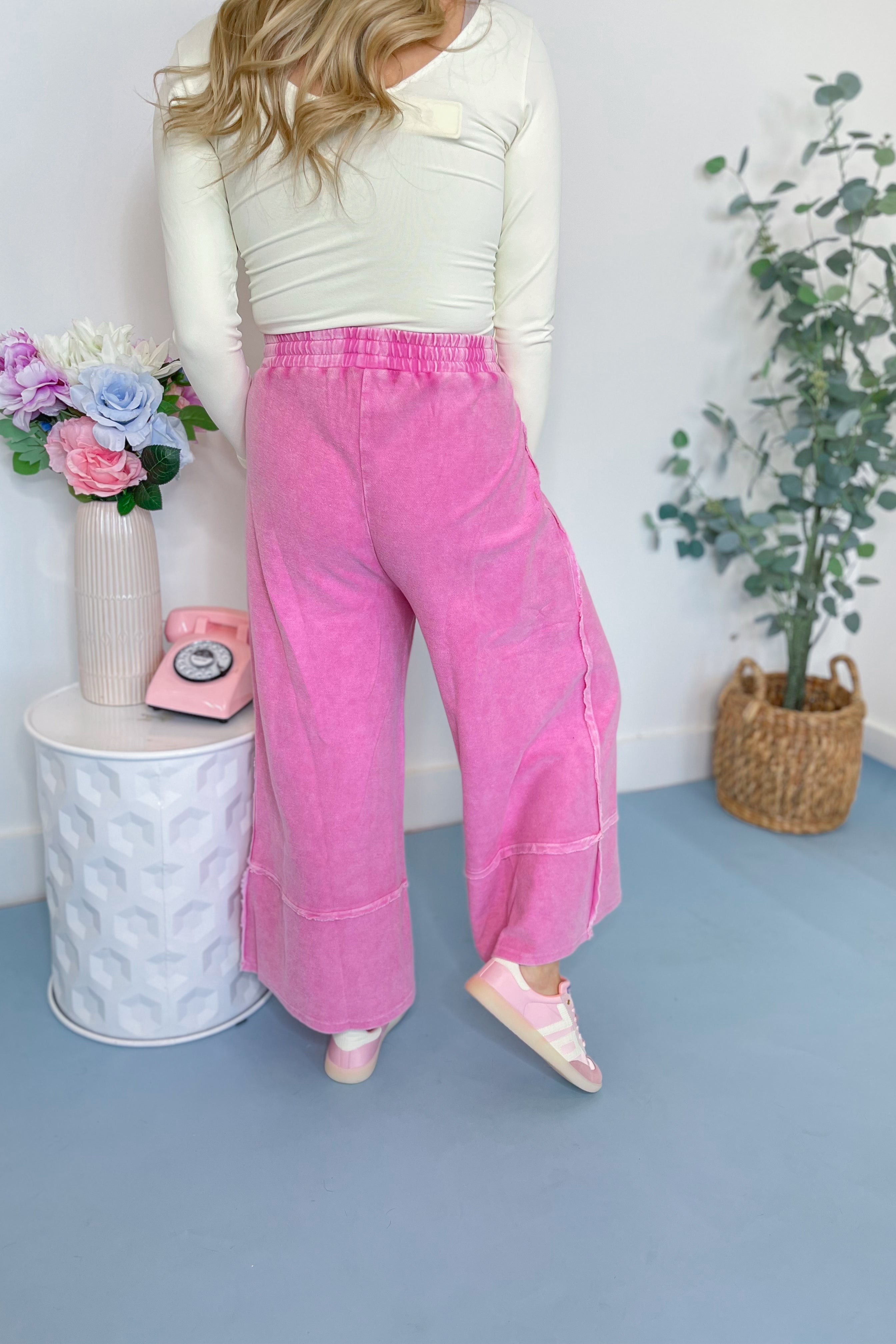 Caris Mineral Washed Upside Down Terry Knit Wide Leg Palazzo Pants - Be You Boutique