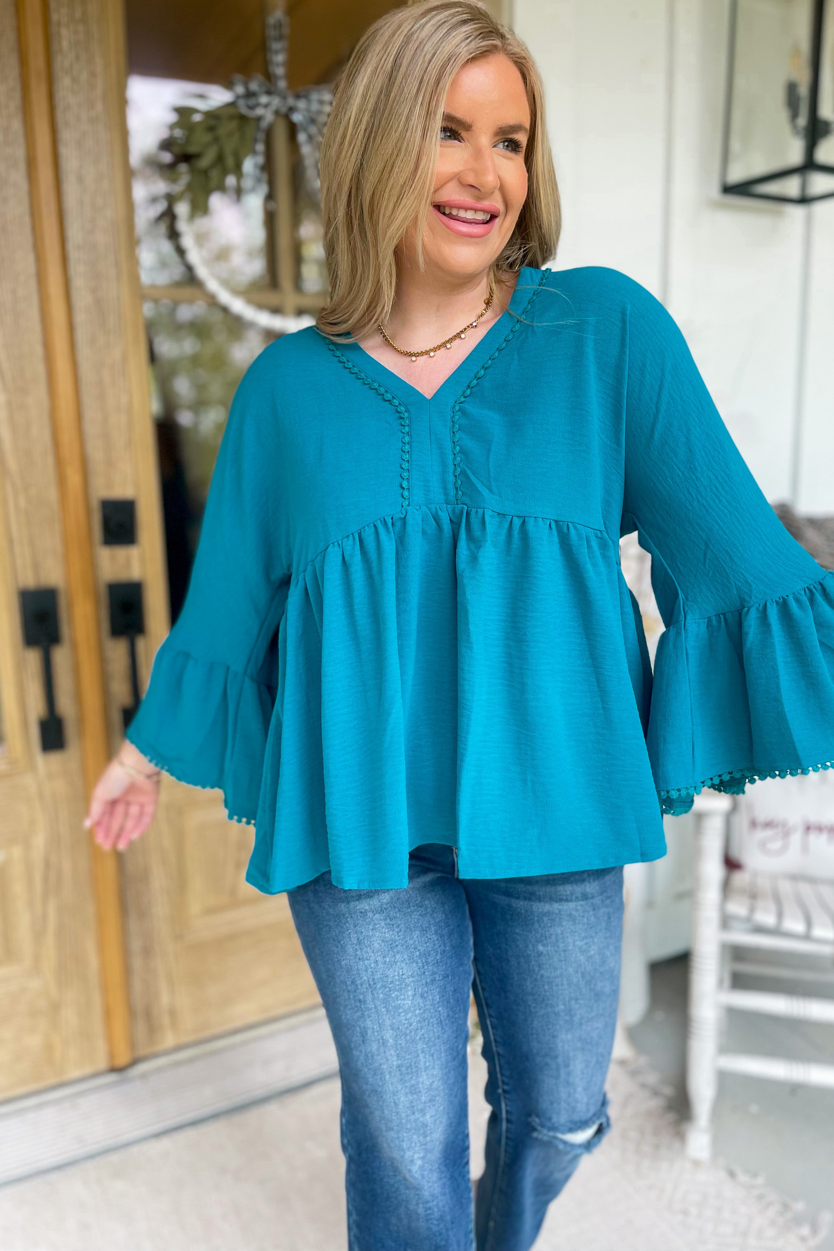 Tiana V Neckl Long Bell Sleeve Blouse Top - Be You Boutique